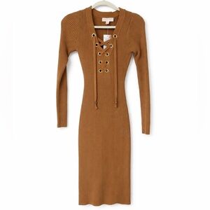 Michael Kors Ribbed Lace-Up Sweater Dress dark camel Womens size XS NWT